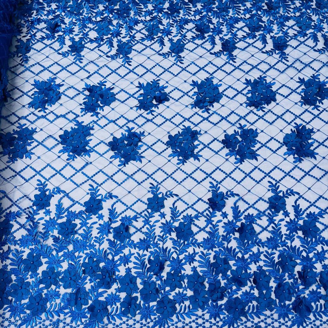 3D Floral Embroidery Lace with Pearls Fabric -  ROYAL BLUE - Sold By The Yard Fabric