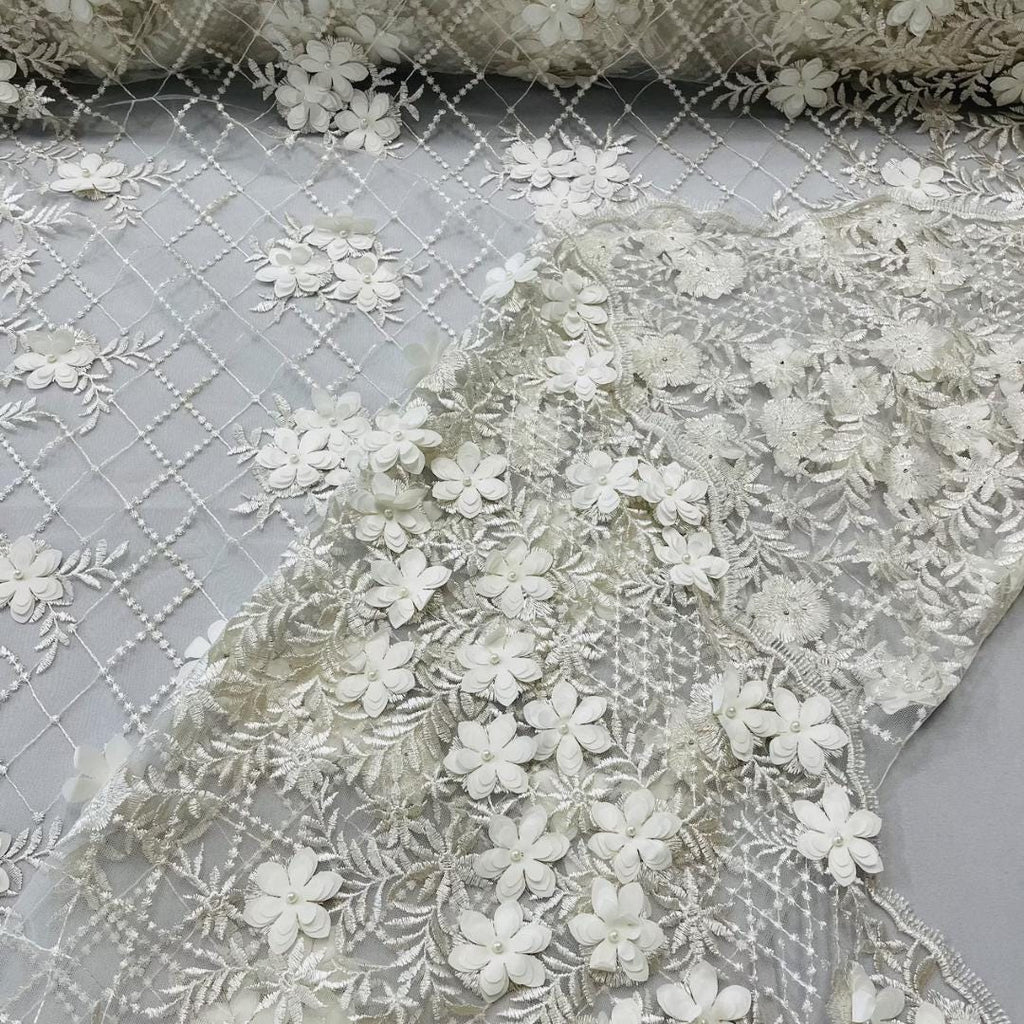 3D Floral Embroidery Lace with Pearls Fabric - IVORY - Sold By The Yard Fabric