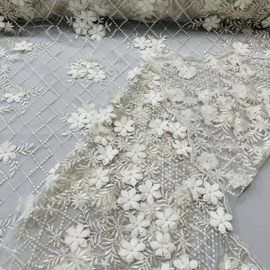 3D Floral Embroidery Lace with Pearls Fabric - IVORY - Sold By The Yard Fabric