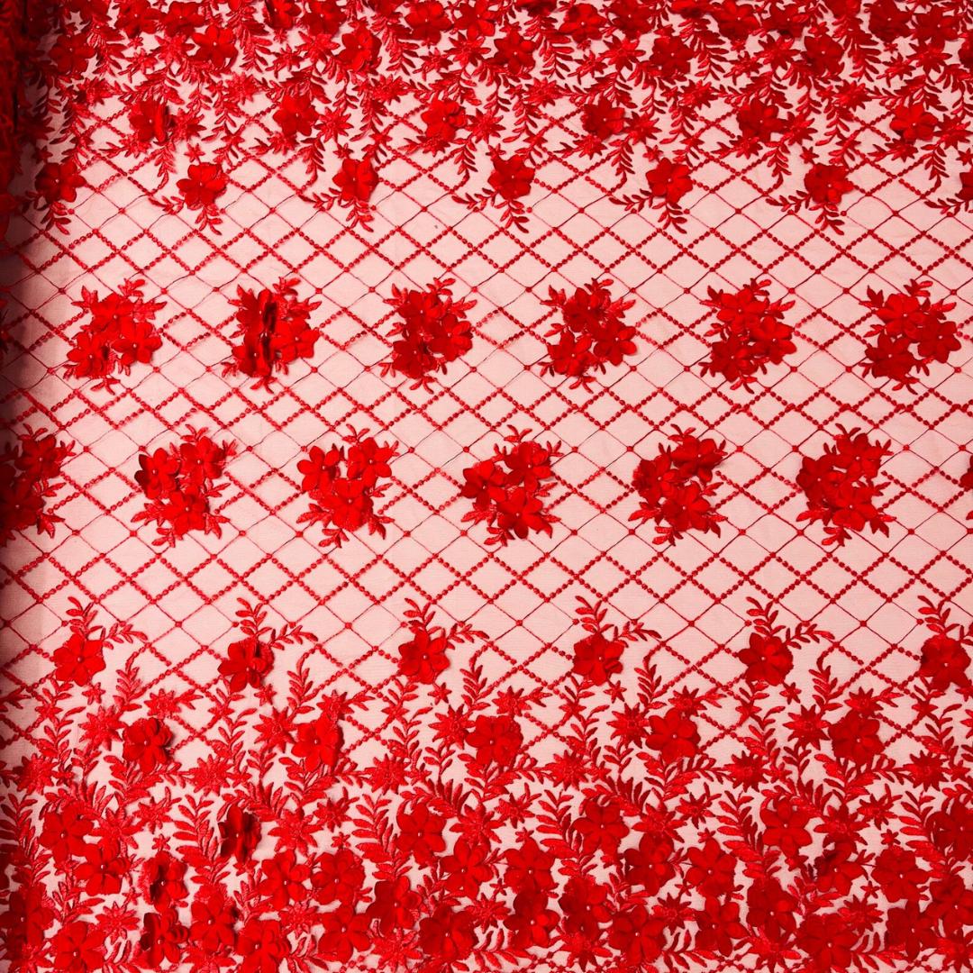 3D Floral Embroidery Lace with Pearls Fabric - RED - Sold By The Yard Fabric