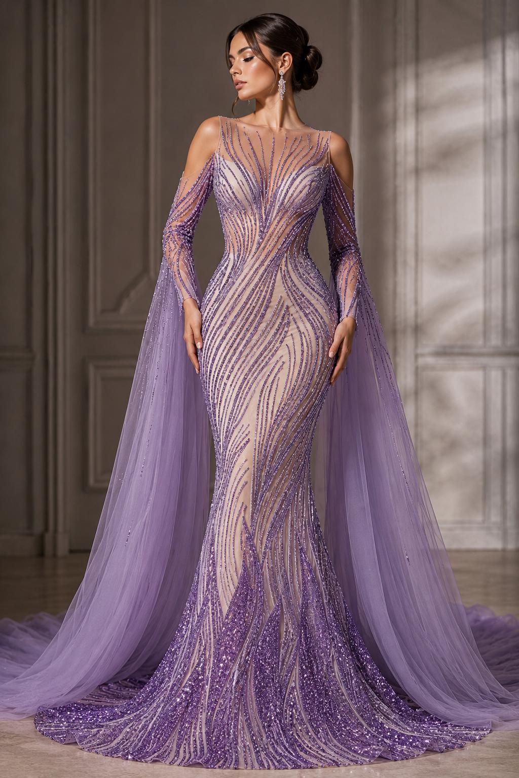 Luxury Lace - LILAC - Beaded Design with Embroidered Sequins and Beads On a Mesh Lace Fabric for Prom Dress By The Yard