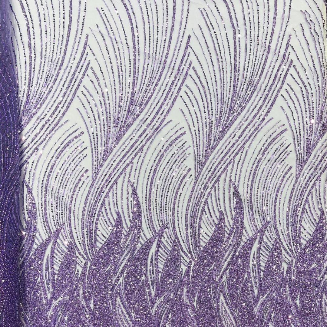 Luxury Lace - LILAC - Beaded Design with Embroidered Sequins and Beads On a Mesh Lace Fabric for Prom Dress By The Yard