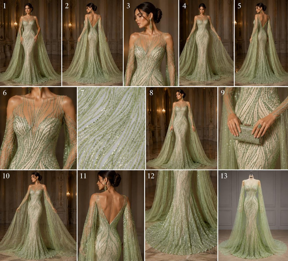 Luxury Lace - SAGE - Beaded Design with Embroidered Sequins and Beads On a Mesh Lace Fabric for Prom Dress By The Yard