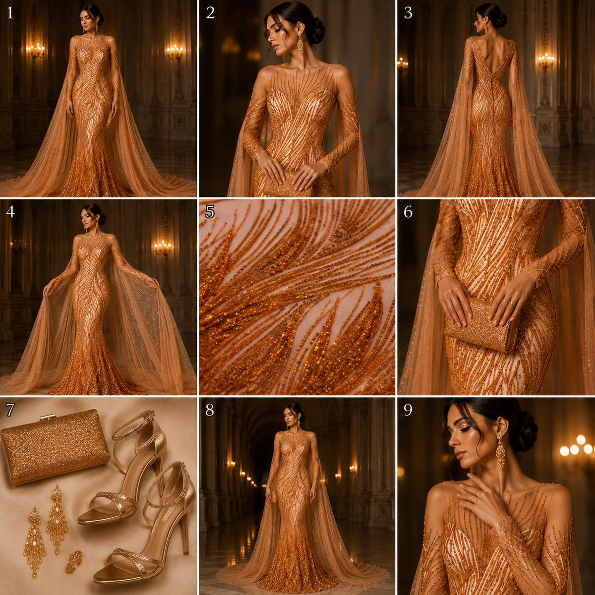Luxury Lace - BURNT ORANGE - Beaded Design with Embroidered Sequins and Beads On a Mesh Lace Fabric for Prom Dress By The Yard
