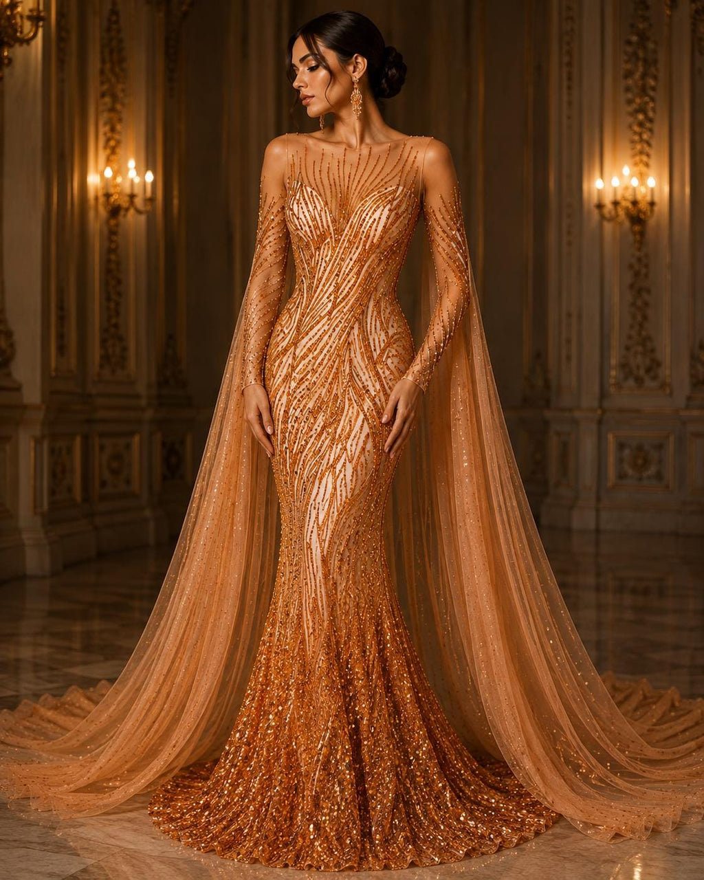 Luxury Lace - BURNT ORANGE - Beaded Design with Embroidered Sequins and Beads On a Mesh Lace Fabric for Prom Dress By The Yard
