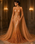 Luxury Lace - BURNT ORANGE - Beaded Design with Embroidered Sequins and Beads On a Mesh Lace Fabric for Prom Dress By The Yard