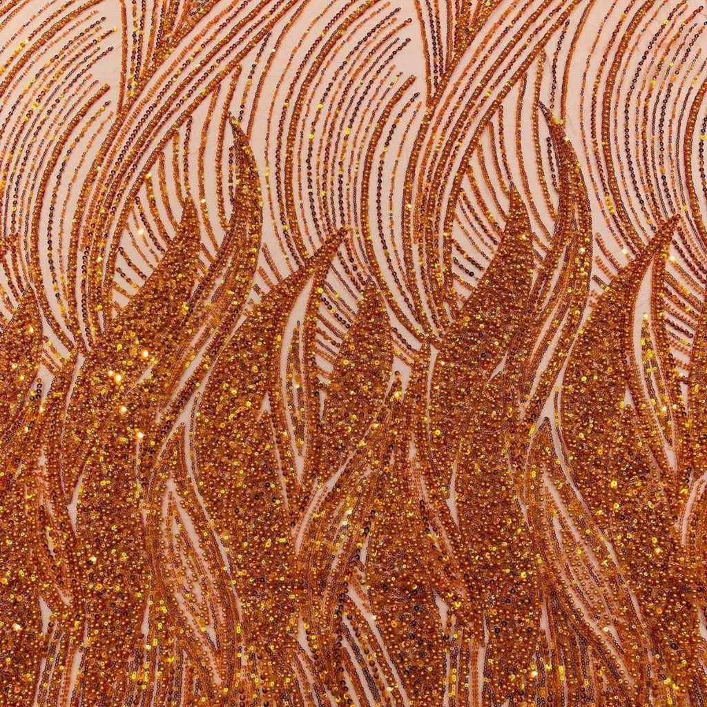 Luxury Lace - BURNT ORANGE - Beaded Design with Embroidered Sequins and Beads On a Mesh Lace Fabric for Prom Dress By The Yard