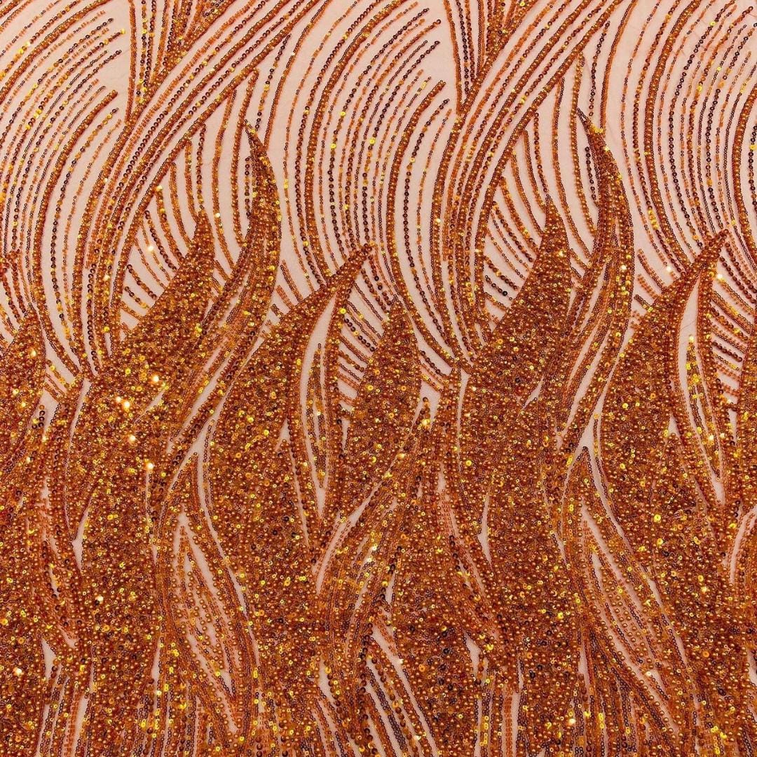 Luxury Lace - BURNT ORANGE - Beaded Design with Embroidered Sequins and Beads On a Mesh Lace Fabric for Prom Dress By The Yard