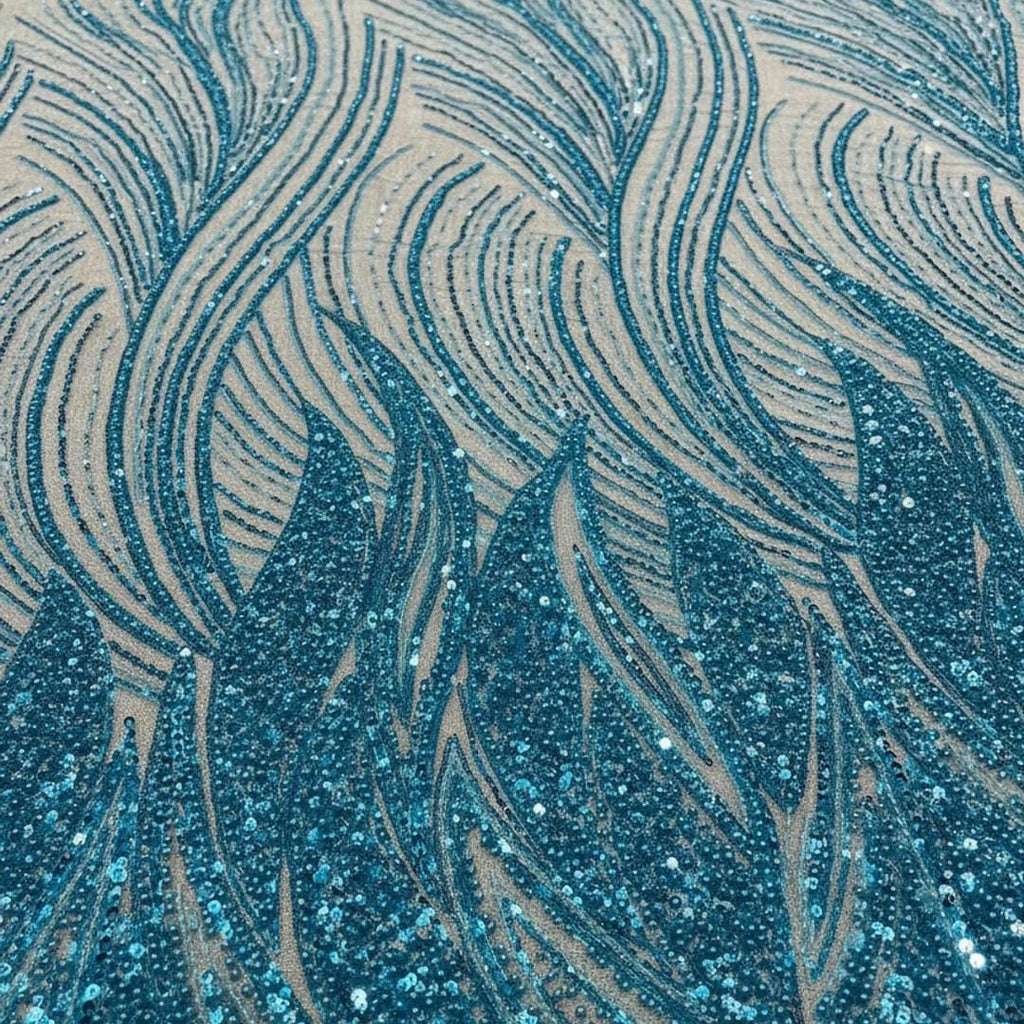 Luxury Lace - TURQUOISE - Beaded Design with Embroidered Sequins and Beads On a Mesh Lace Fabric for Prom Dress By The Yard