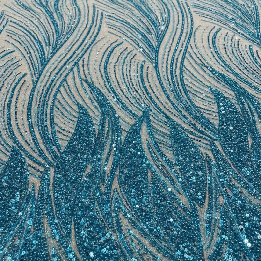 Luxury Lace - TURQUOISE - Beaded Design with Embroidered Sequins and Beads On a Mesh Lace Fabric for Prom Dress By The Yard