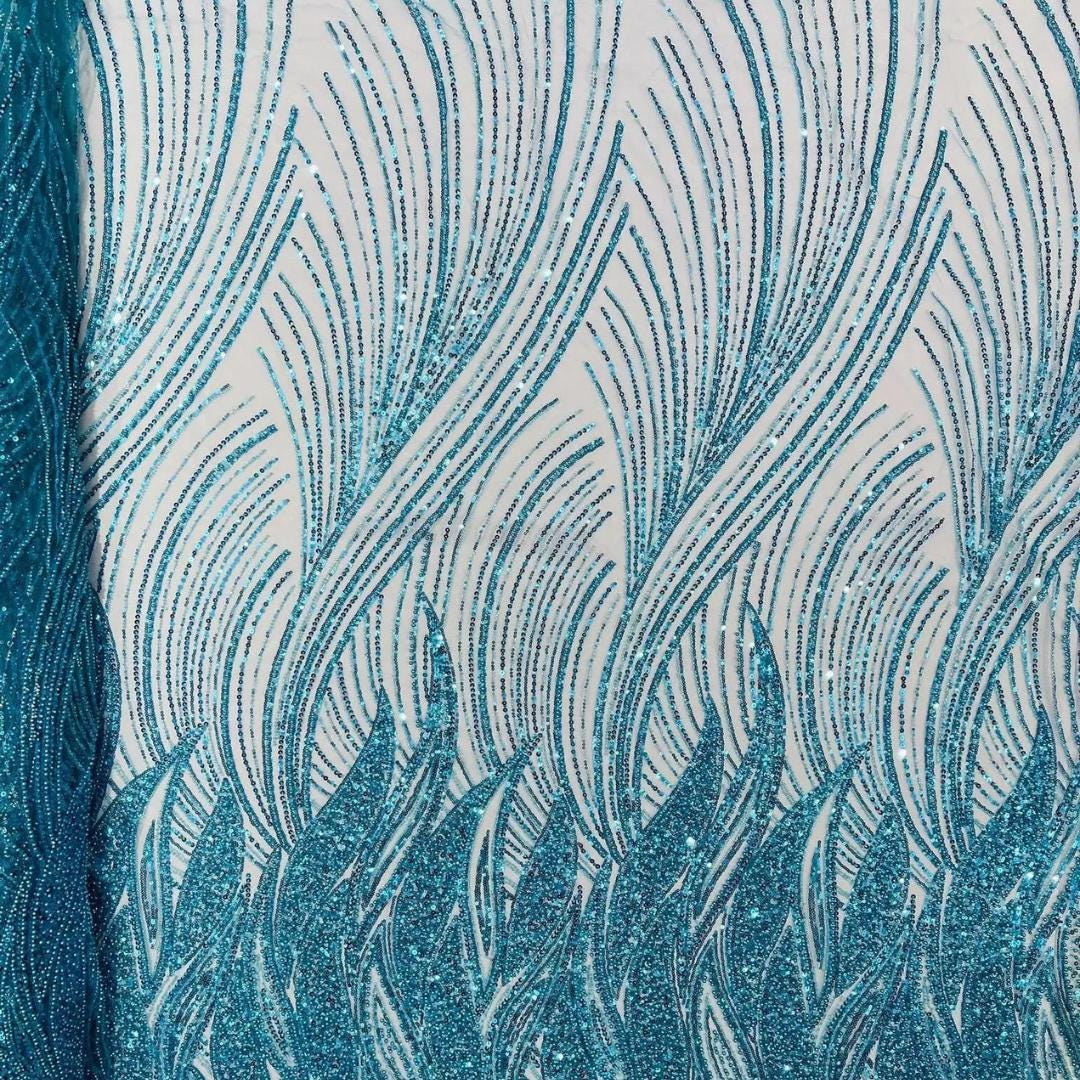 Luxury Lace - TURQUOISE - Beaded Design with Embroidered Sequins and Beads On a Mesh Lace Fabric for Prom Dress By The Yard