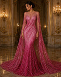 Luxury Lace - FUCHSIA - Beaded Design with Embroidered Sequins and Beads On a Mesh Lace Fabric for Prom Dress By The Yard