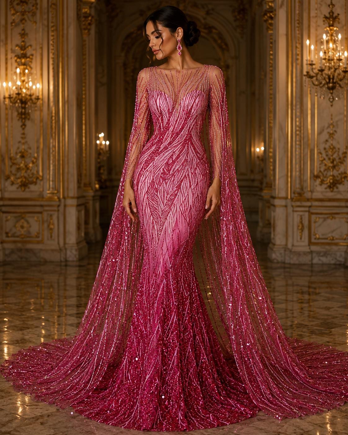 Luxury Lace - FUCHSIA - Beaded Design with Embroidered Sequins and Beads On a Mesh Lace Fabric for Prom Dress By The Yard