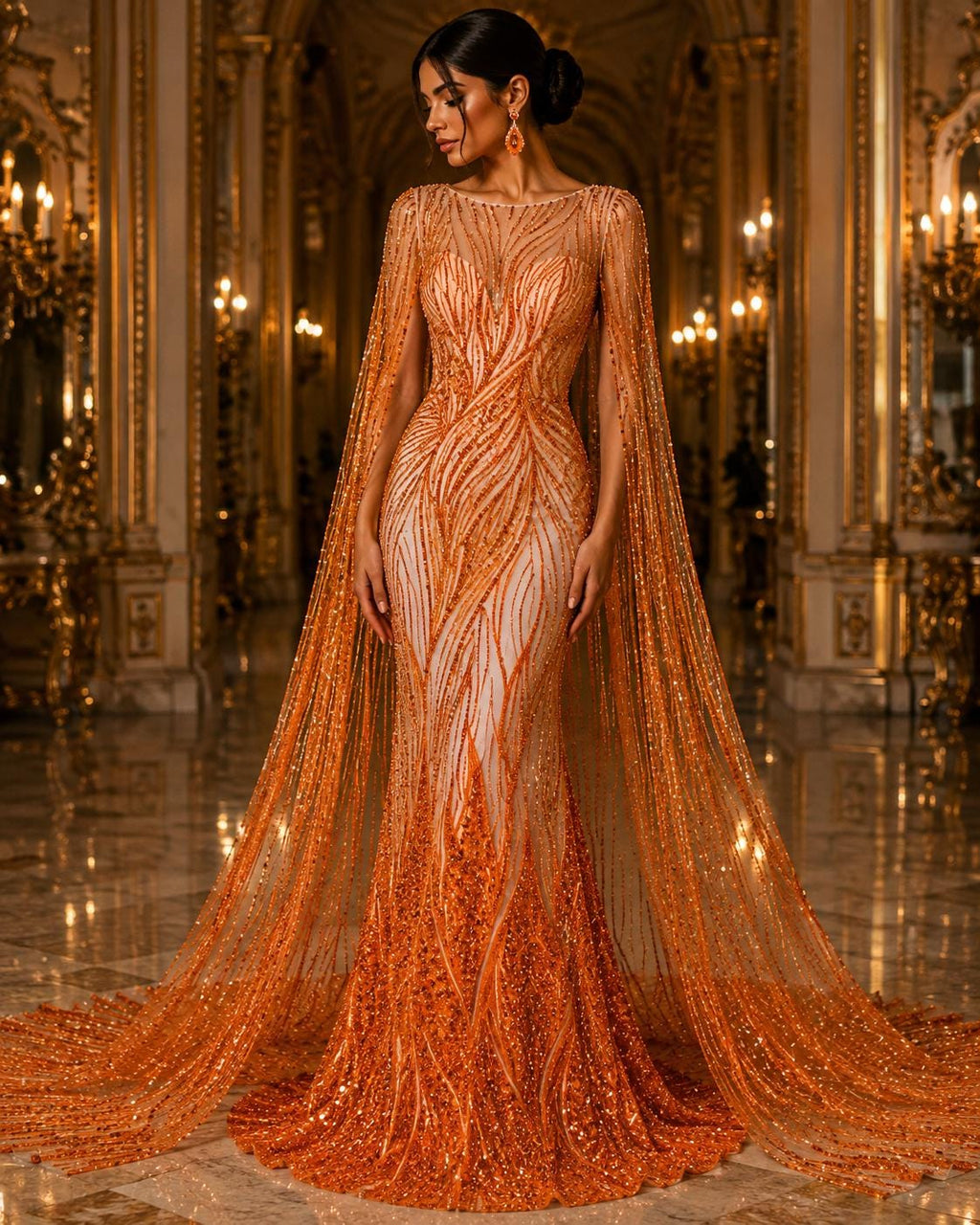 Luxury Lace - ORANGE - Beaded Design with Embroidered Sequins and Beads On a Mesh Lace Fabric for Prom Dress By The Yard