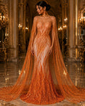Luxury Lace - ORANGE - Beaded Design with Embroidered Sequins and Beads On a Mesh Lace Fabric for Prom Dress By The Yard
