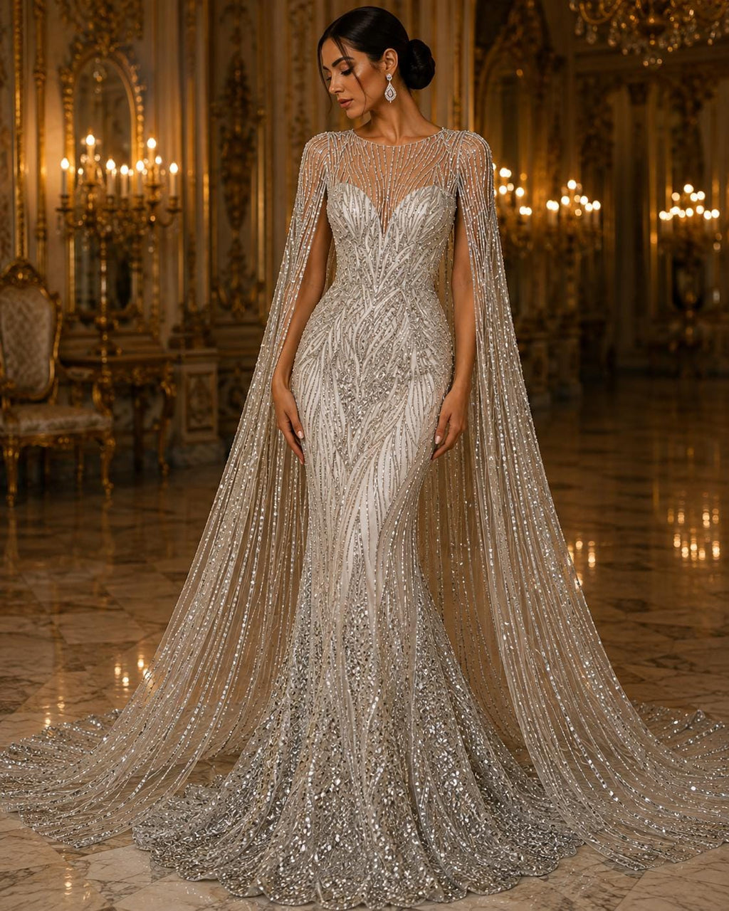 Luxury Lace - SILVER - Beaded Design with Embroidered Sequins and Beads On a Mesh Lace Fabric for Prom Dress By The Yard