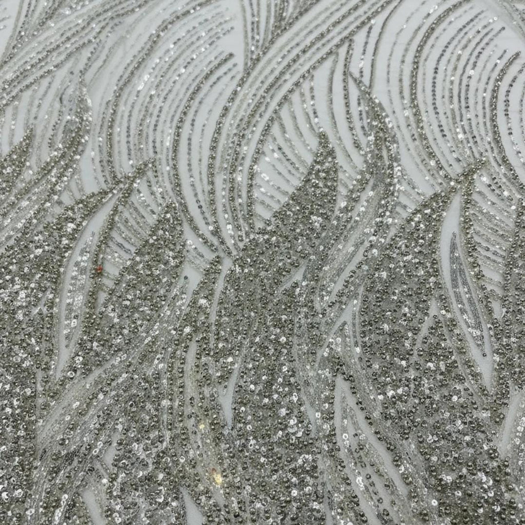 Luxury Lace - SILVER - Beaded Design with Embroidered Sequins and Beads On a Mesh Lace Fabric for Prom Dress By The Yard
