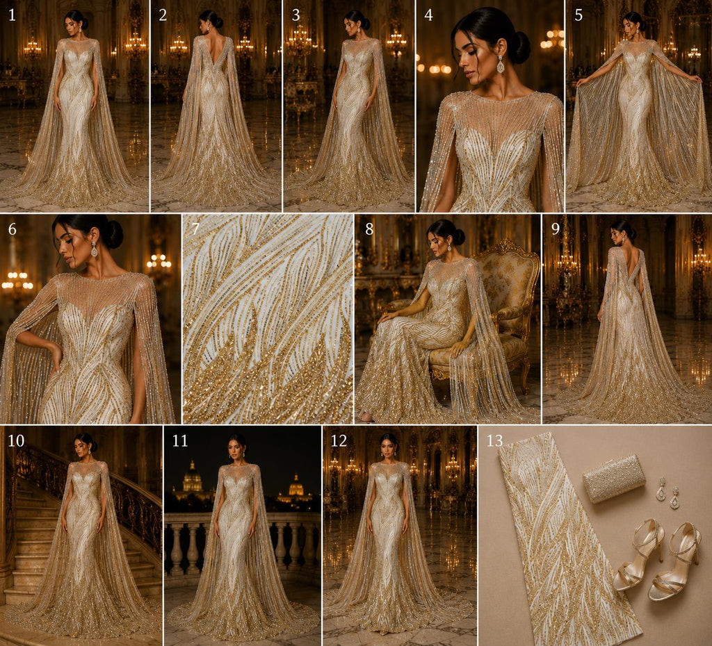 Luxury Lace - GOLD - Beaded Design with Embroidered Sequins and Beads On a Mesh Lace Fabric for Prom Dress By The Yard