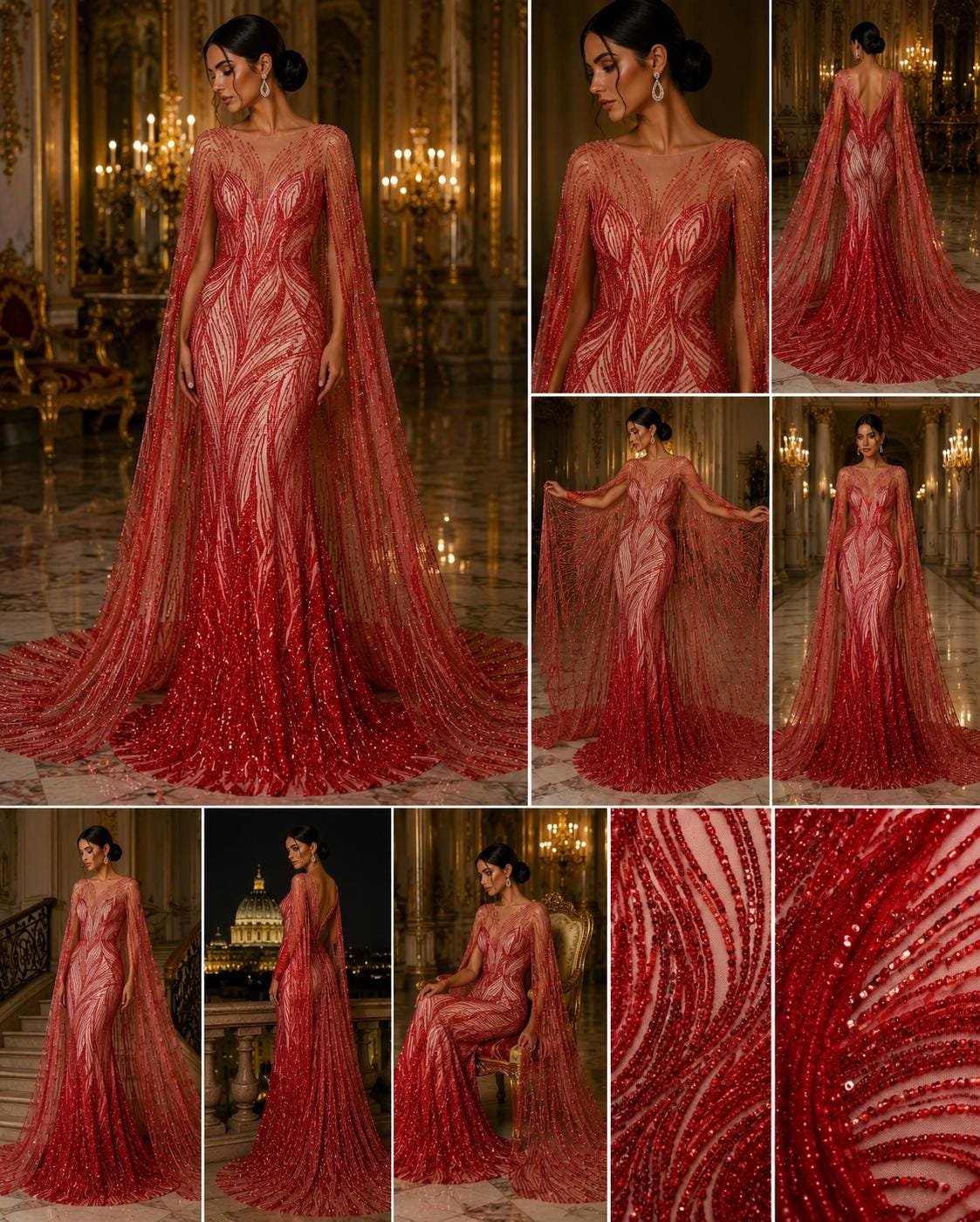 Luxury Lace - RED - Beaded Design with Embroidered Sequins and Beads On a Mesh Lace Fabric for Prom Dress By The Yard