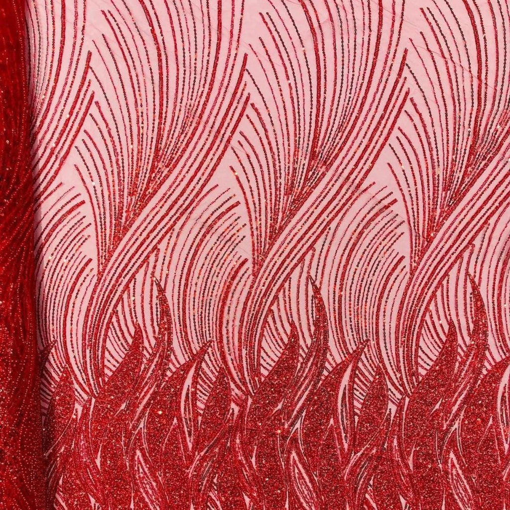 Luxury Lace - RED - Beaded Design with Embroidered Sequins and Beads On a Mesh Lace Fabric for Prom Dress By The Yard