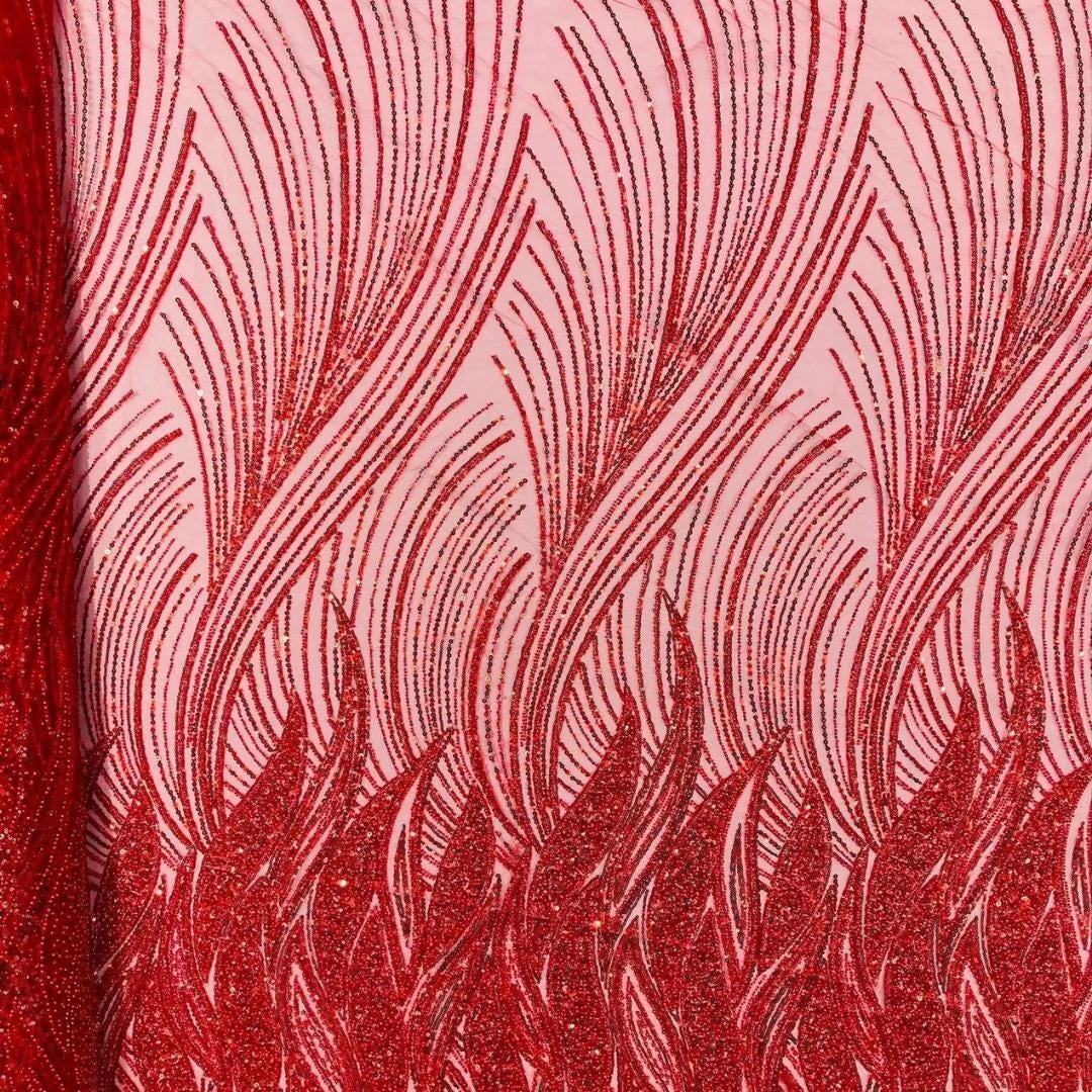 Luxury Lace - RED - Beaded Design with Embroidered Sequins and Beads On a Mesh Lace Fabric for Prom Dress By The Yard
