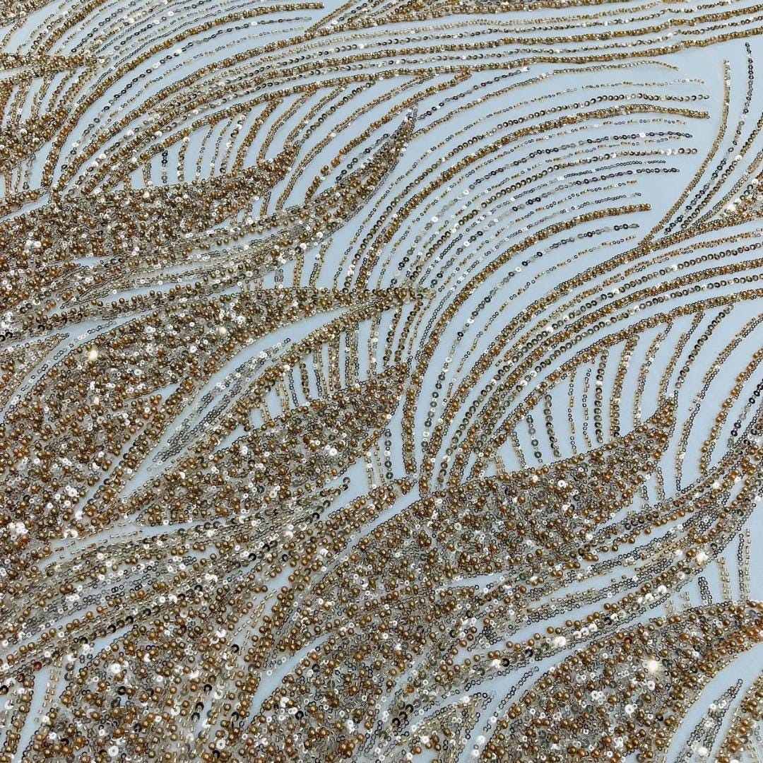 Luxury Lace - CHAMPAGNE - Beaded Design with Embroidered Sequins and Beads On a Mesh Lace Fabric for Prom Dress By The Yard