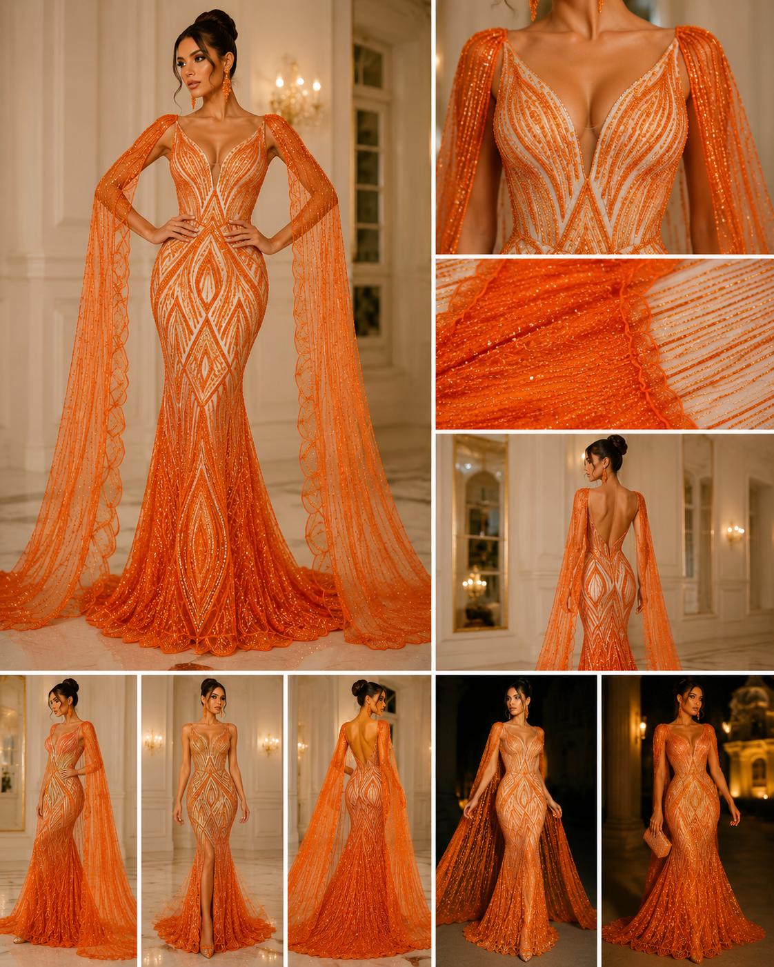 ORANGE - Geometric Luxury Lace  - Beaded Design with Embroidered Sequins and Beads On a Mesh Lace Fabric for Prom Dress By The Yard