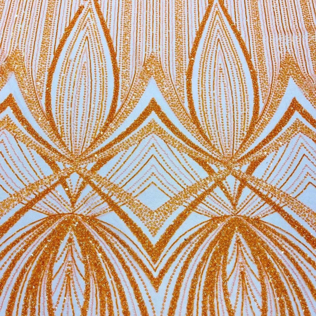 ORANGE - Geometric Luxury Lace  - Beaded Design with Embroidered Sequins and Beads On a Mesh Lace Fabric for Prom Dress By The Yard