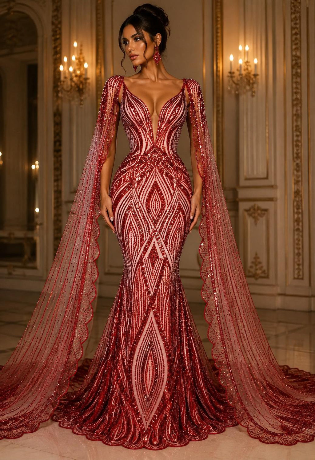 RED - Geometric Luxury Lace  - Beaded Design with Embroidered Sequins and Beads On a Mesh Lace Fabric for Prom Dress By The Yard