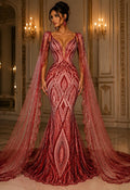 RED - Geometric Luxury Lace  - Beaded Design with Embroidered Sequins and Beads On a Mesh Lace Fabric for Prom Dress By The Yard