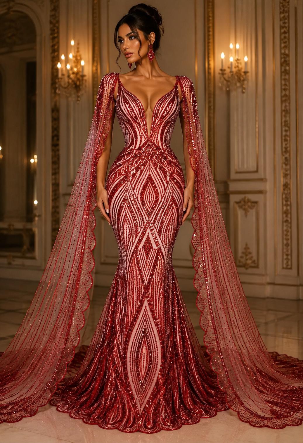 RED - Geometric Luxury Lace  - Beaded Design with Embroidered Sequins and Beads On a Mesh Lace Fabric for Prom Dress By The Yard