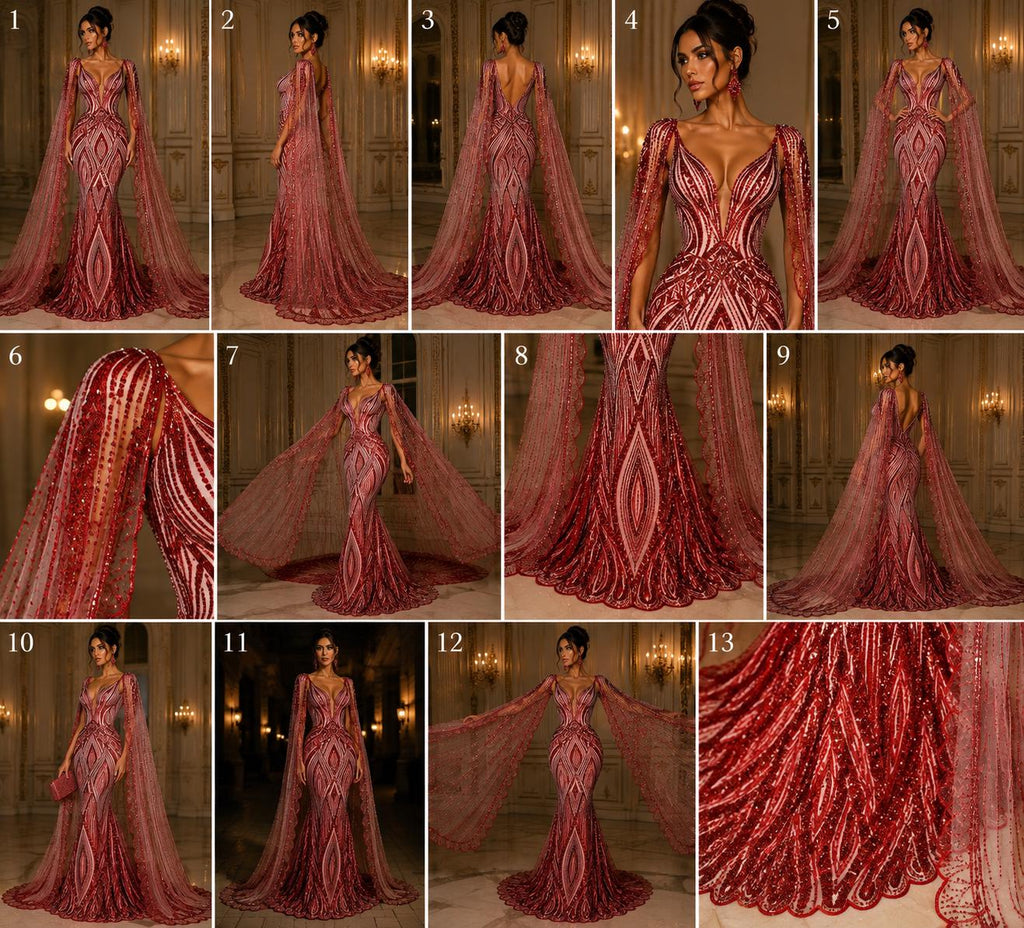 RED - Geometric Luxury Lace  - Beaded Design with Embroidered Sequins and Beads On a Mesh Lace Fabric for Prom Dress By The Yard