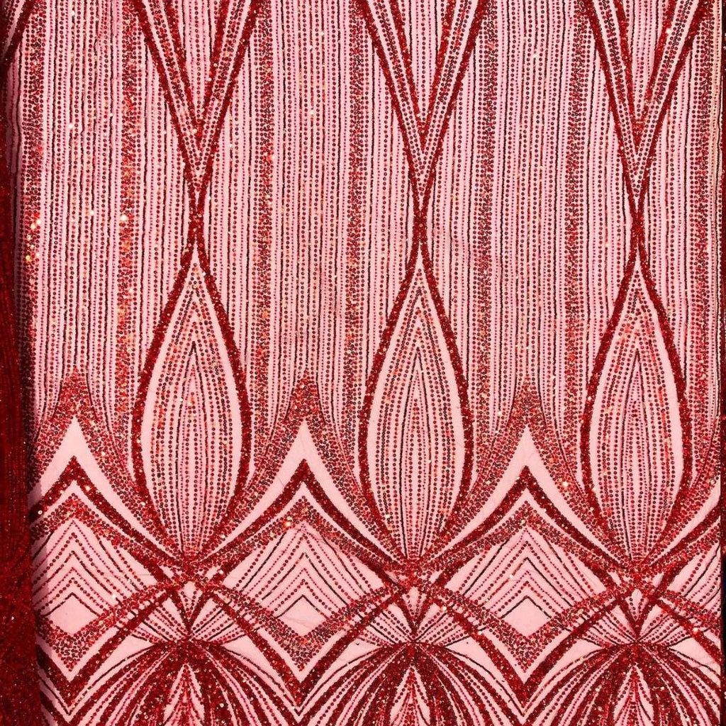 RED - Geometric Luxury Lace  - Beaded Design with Embroidered Sequins and Beads On a Mesh Lace Fabric for Prom Dress By The Yard