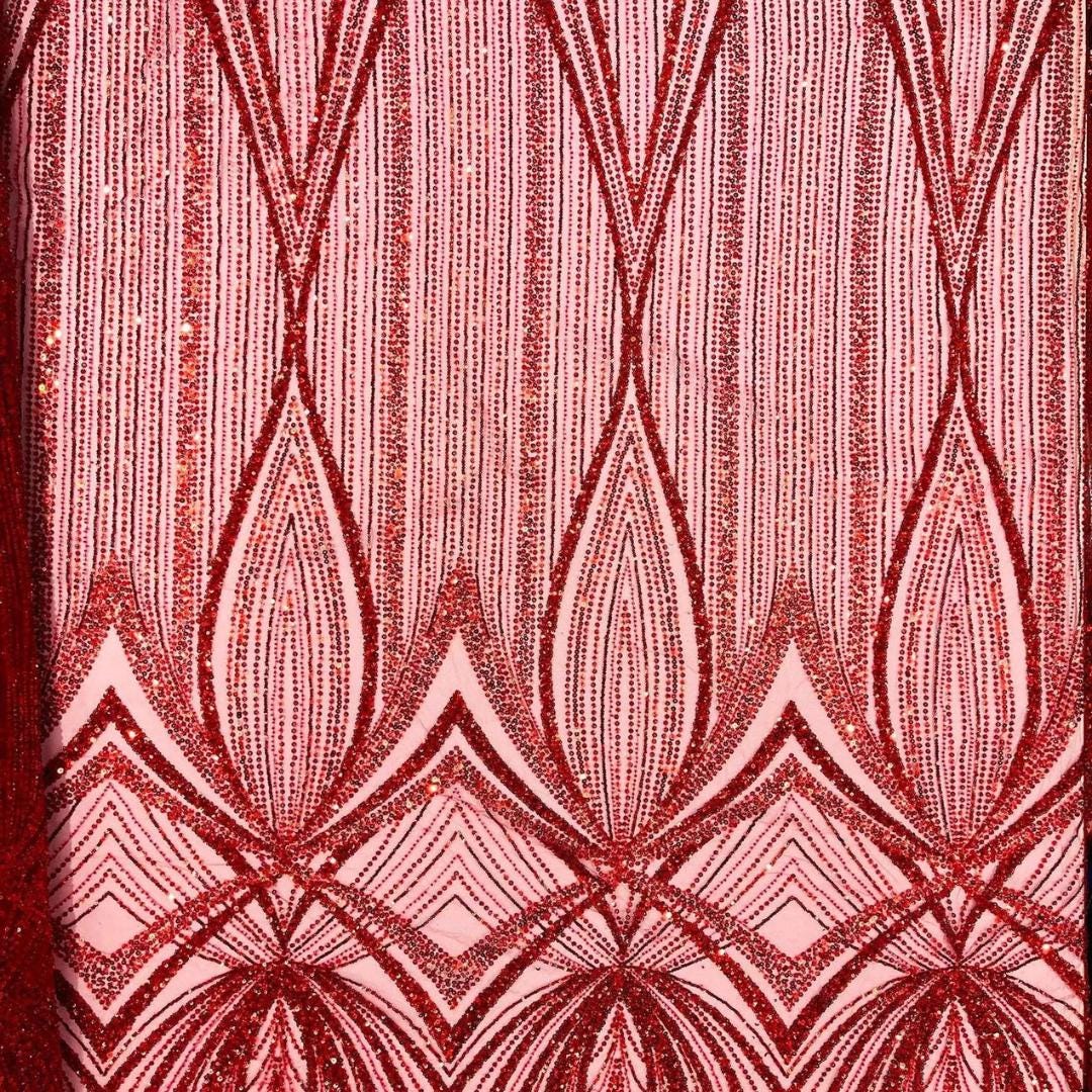 RED - Geometric Luxury Lace  - Beaded Design with Embroidered Sequins and Beads On a Mesh Lace Fabric for Prom Dress By The Yard