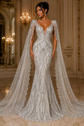 SILVER - Geometric Luxury Lace  - Beaded Design with Embroidered Sequins and Beads On a Mesh Lace Fabric for Prom Dress By The Yard