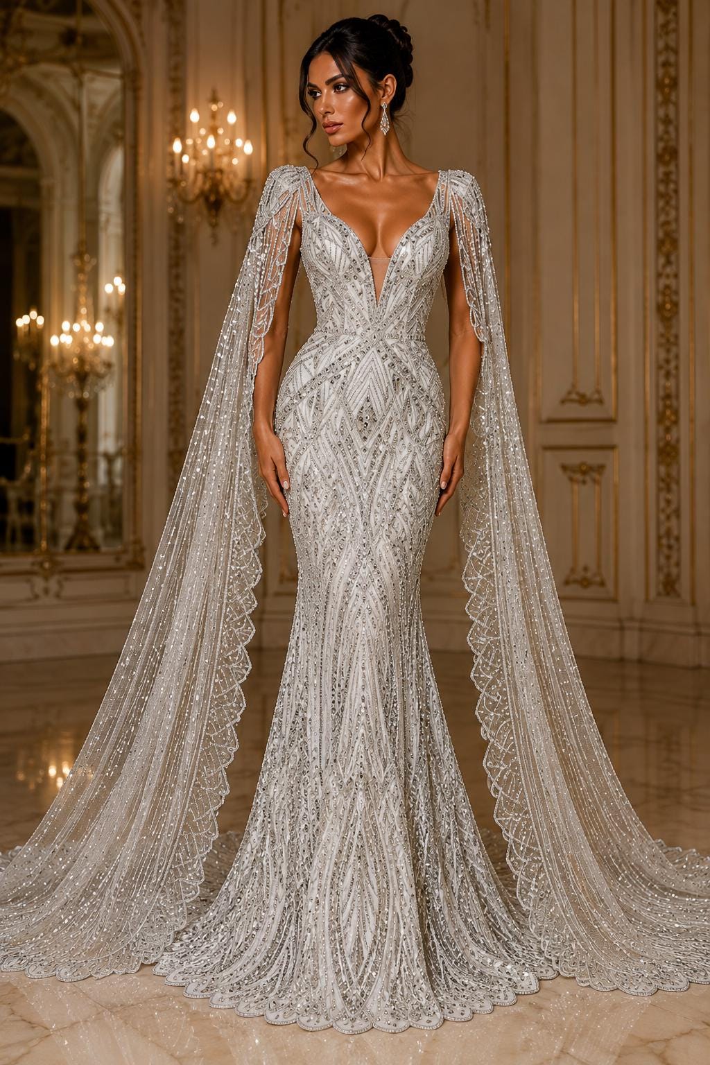 SILVER - Geometric Luxury Lace  - Beaded Design with Embroidered Sequins and Beads On a Mesh Lace Fabric for Prom Dress By The Yard