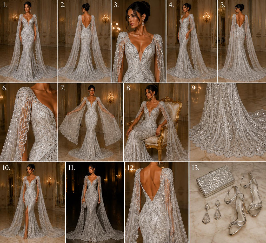 SILVER - Geometric Luxury Lace  - Beaded Design with Embroidered Sequins and Beads On a Mesh Lace Fabric for Prom Dress By The Yard
