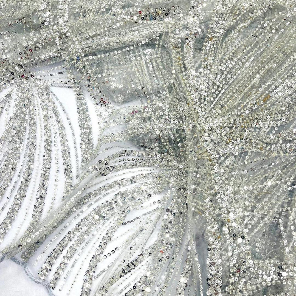 SILVER - Geometric Luxury Lace  - Beaded Design with Embroidered Sequins and Beads On a Mesh Lace Fabric for Prom Dress By The Yard