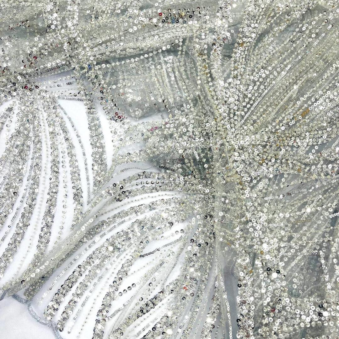 SILVER - Geometric Luxury Lace  - Beaded Design with Embroidered Sequins and Beads On a Mesh Lace Fabric for Prom Dress By The Yard