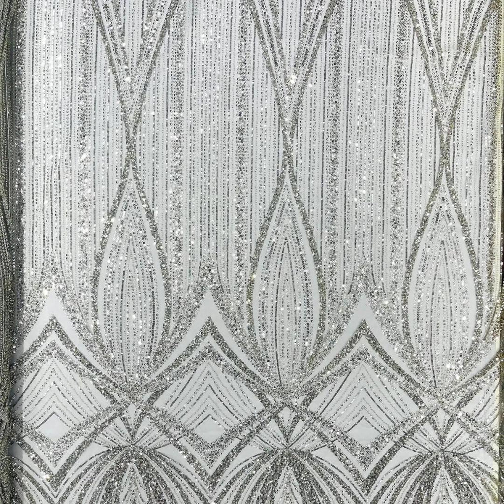 SILVER - Geometric Luxury Lace  - Beaded Design with Embroidered Sequins and Beads On a Mesh Lace Fabric for Prom Dress By The Yard
