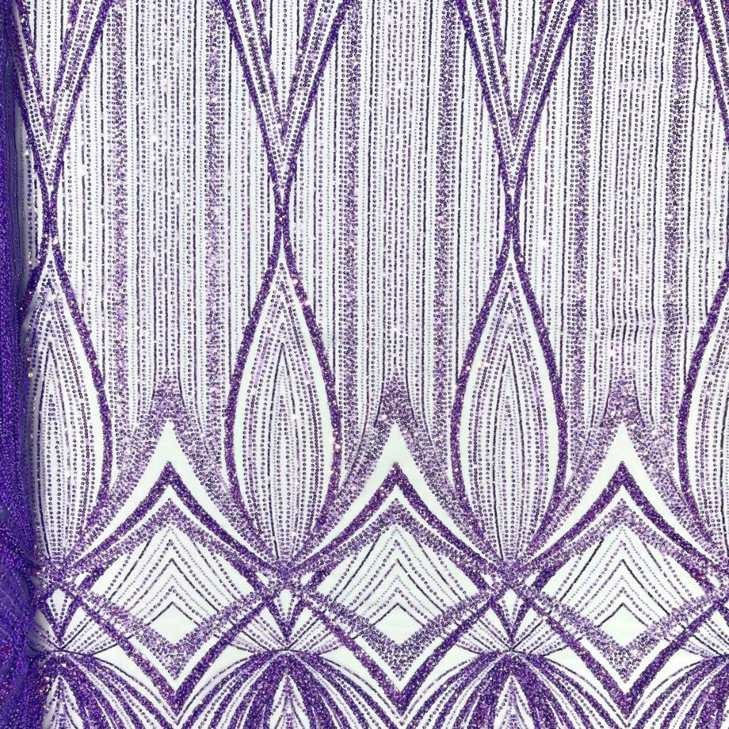LAVENDER - Geometric Luxury Lace  - Beaded Design with Embroidered Sequins and Beads On a Mesh Lace Fabric for Prom Dress By The Yard