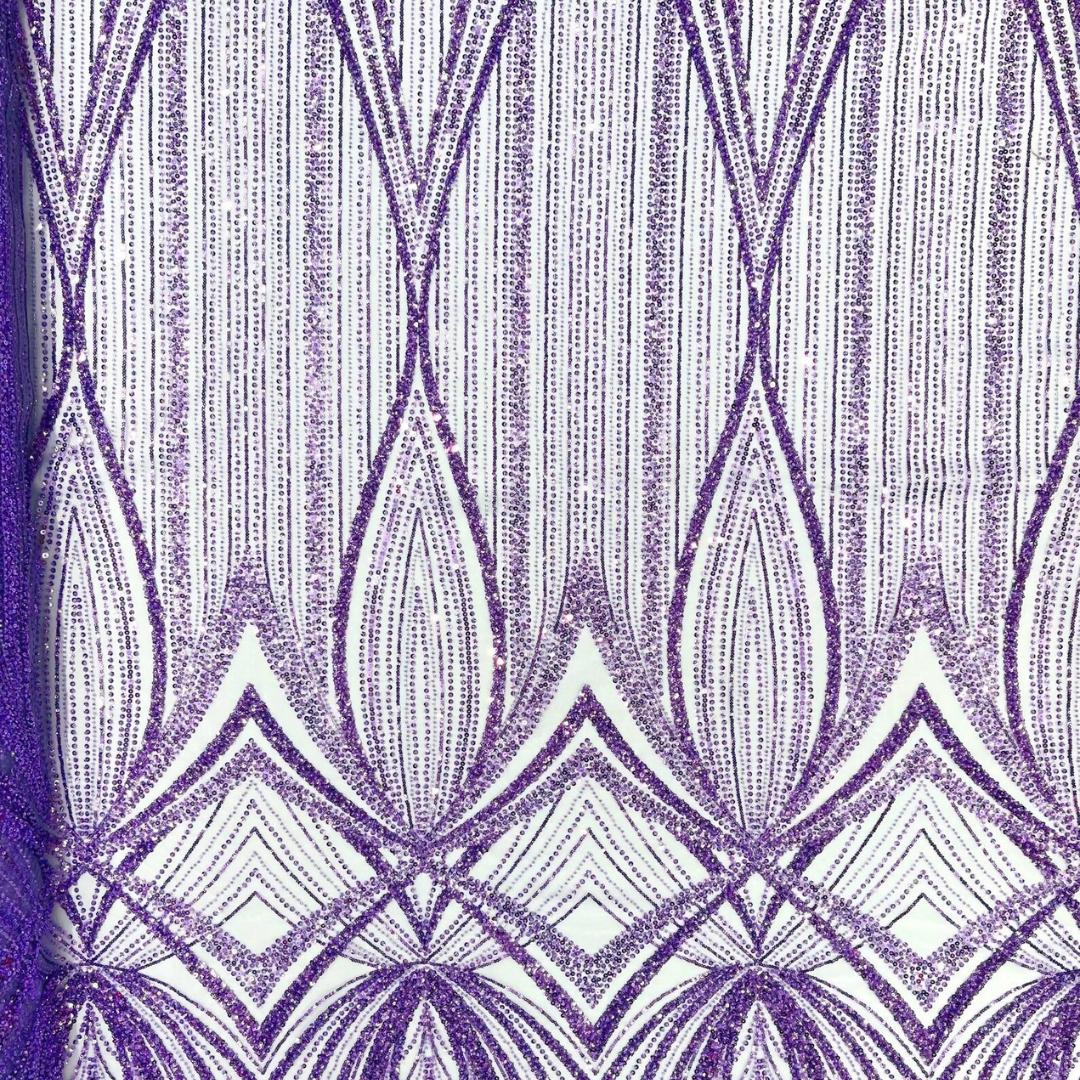 LAVENDER - Geometric Luxury Lace  - Beaded Design with Embroidered Sequins and Beads On a Mesh Lace Fabric for Prom Dress By The Yard