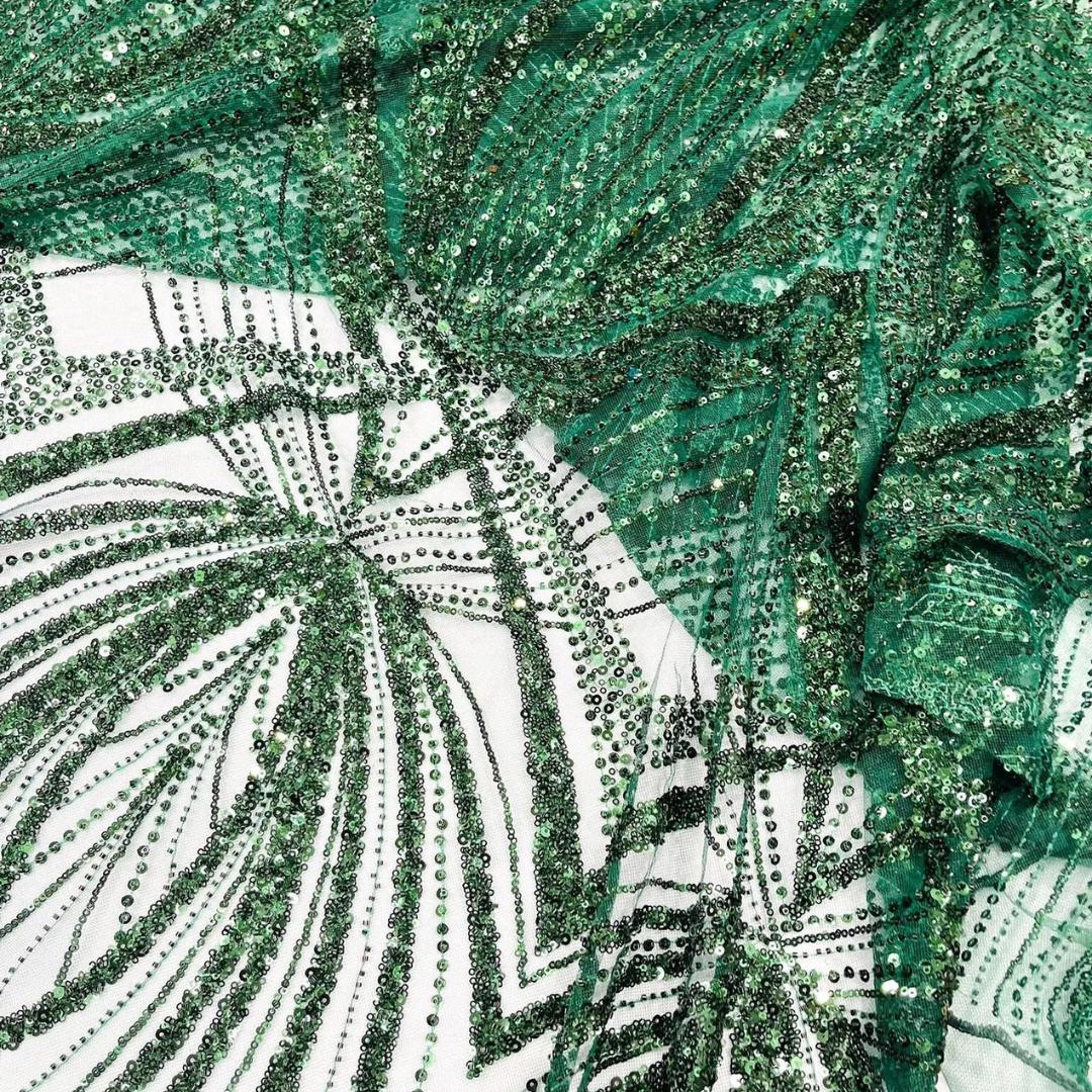 HUNTER - Geometric Luxury Lace  - Beaded Design with Embroidered Sequins and Beads On a Mesh Lace Fabric for Prom Dress By The Yard