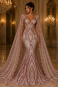 PINK - Geometric Luxury Lace  - Beaded Design with Embroidered Sequins and Beads On a Mesh Lace Fabric for Prom Dress By The Yard