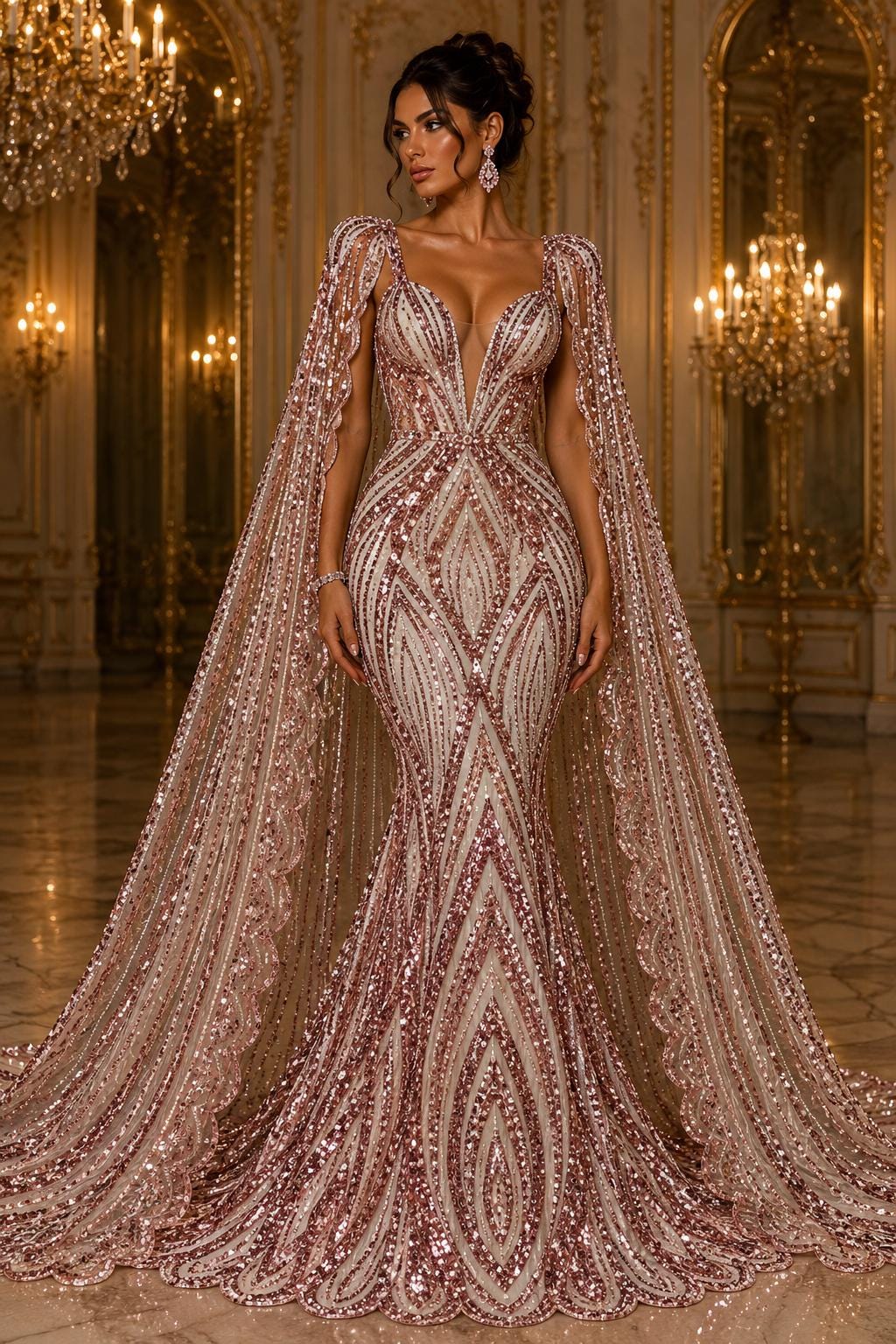 PINK - Geometric Luxury Lace  - Beaded Design with Embroidered Sequins and Beads On a Mesh Lace Fabric for Prom Dress By The Yard
