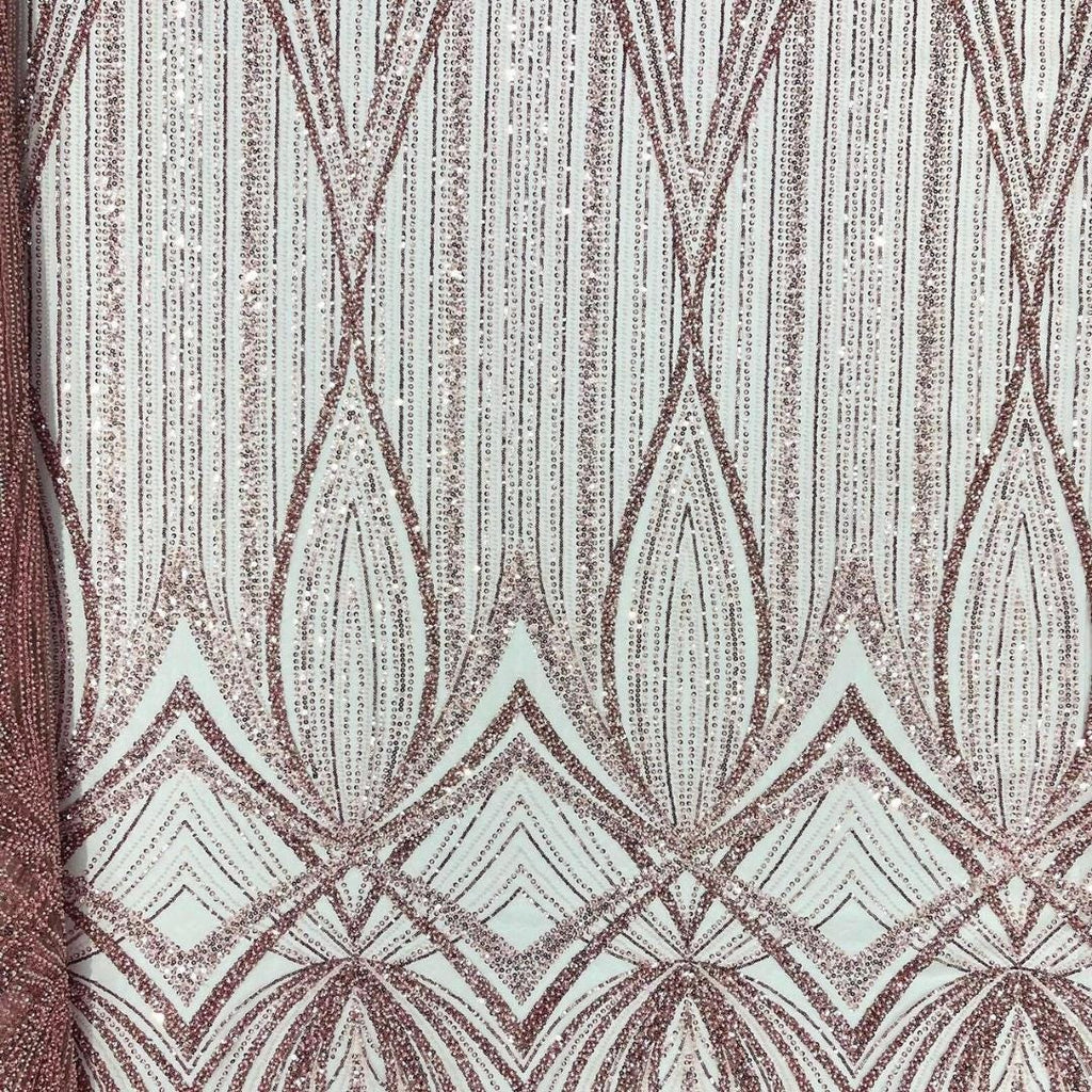 PINK - Geometric Luxury Lace  - Beaded Design with Embroidered Sequins and Beads On a Mesh Lace Fabric for Prom Dress By The Yard