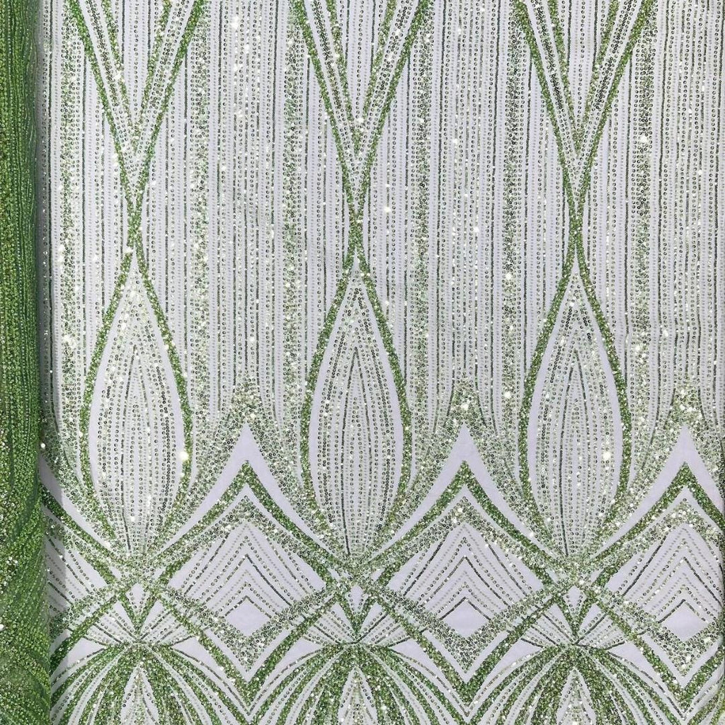 SAGE - Geometric Luxury Lace  - Beaded Design with Embroidered Sequins and Beads On a Mesh Lace Fabric for Prom Dress By The Yard