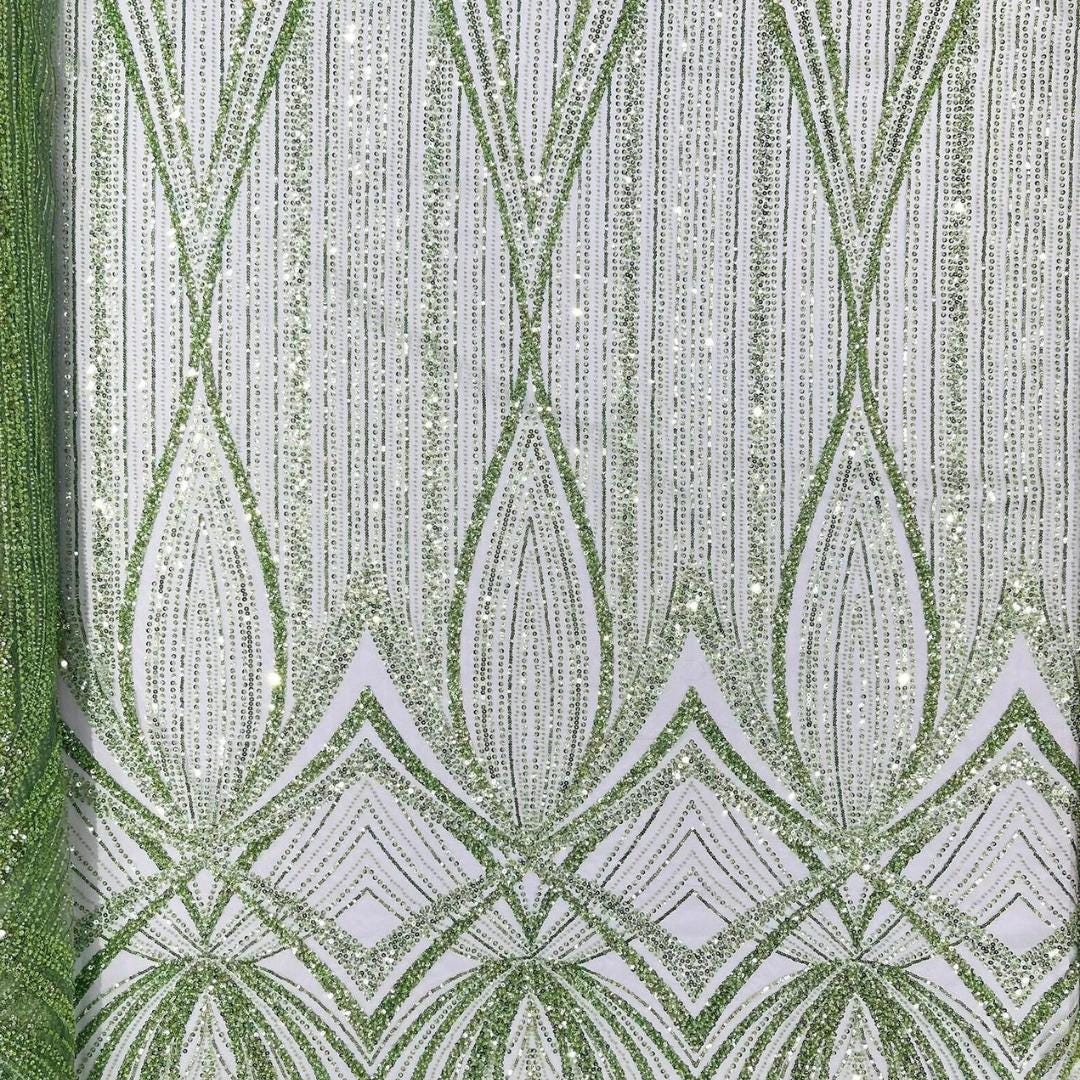 SAGE - Geometric Luxury Lace  - Beaded Design with Embroidered Sequins and Beads On a Mesh Lace Fabric for Prom Dress By The Yard