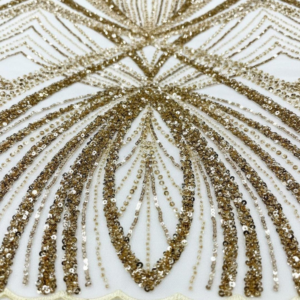 CHAMPAGNE - Geometric Luxury Lace  - Beaded Design with Embroidered Sequins and Beads On a Mesh Lace Fabric for Prom Dress By The Yard