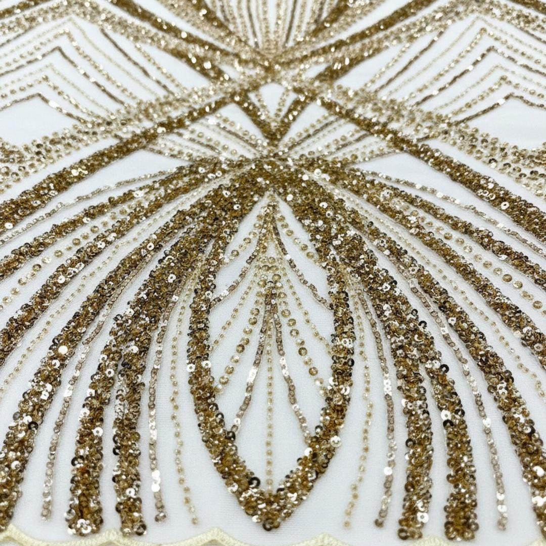 CHAMPAGNE - Geometric Luxury Lace  - Beaded Design with Embroidered Sequins and Beads On a Mesh Lace Fabric for Prom Dress By The Yard